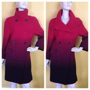 Red Ombre Wool Blend Double Breasted Midi Coat